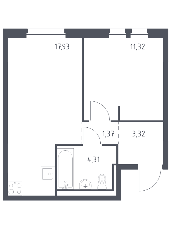 2-комнатная (Евро) квартира, 38.25 м² в ЖК "Невская Долина" - планировка, фото №1