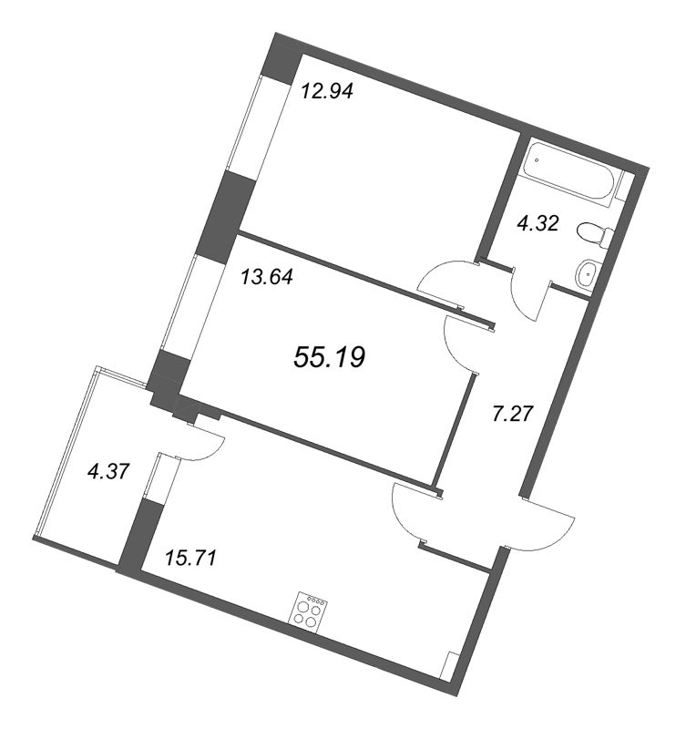 2-комнатная квартира, 55.19 м² в ЖК "Аквилон RekaPark" - планировка, фото №1