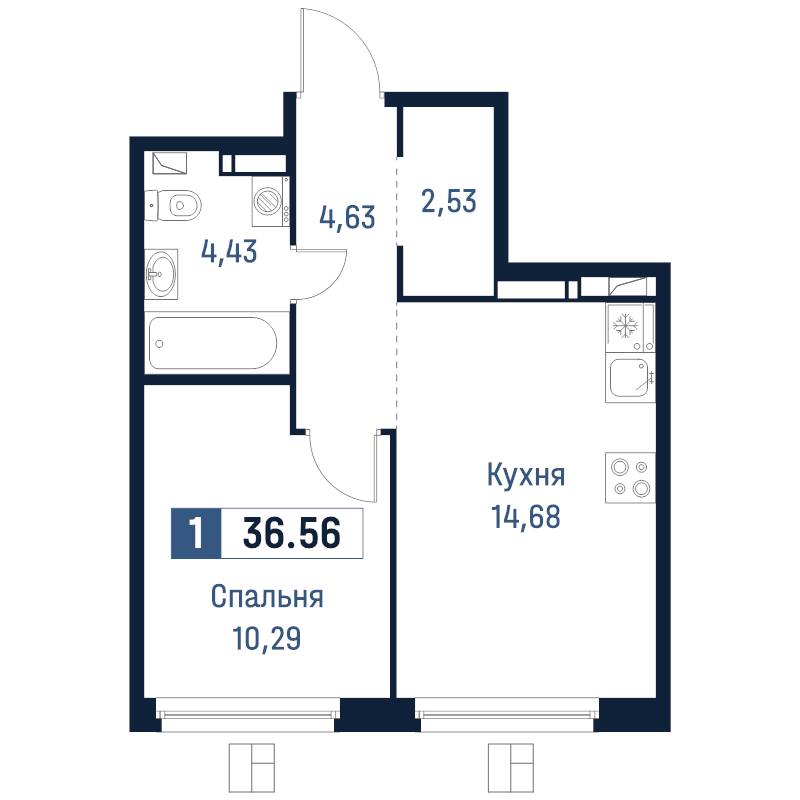 2-комнатная (Евро) квартира, 36.56 м² в ЖК "Максималист" - планировка, фото №1