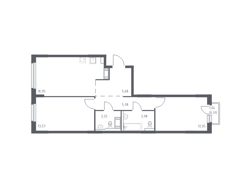 3-комнатная (Евро) квартира, 60.47 м² - планировка, фото №1