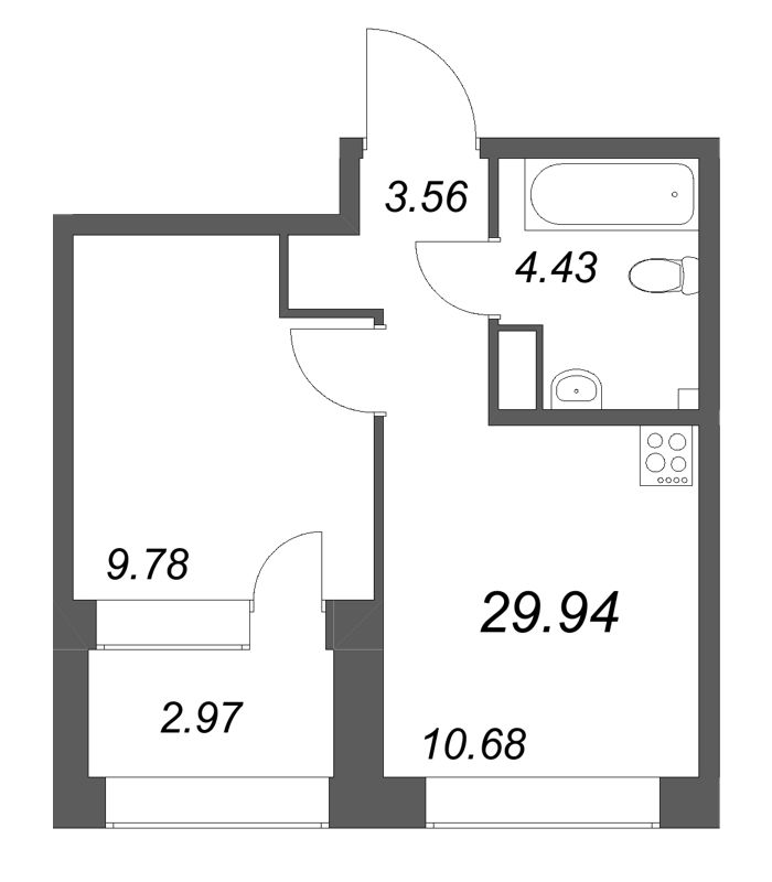 1-комнатная квартира, 29.94 м² - планировка, фото №1