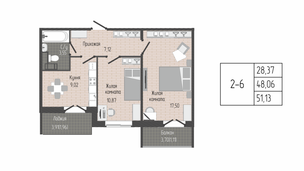 2-комнатная квартира, 51.13 м² - планировка, фото №1