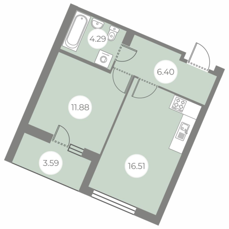2-комнатная (Евро) квартира, 40.88 м² - планировка, фото №1