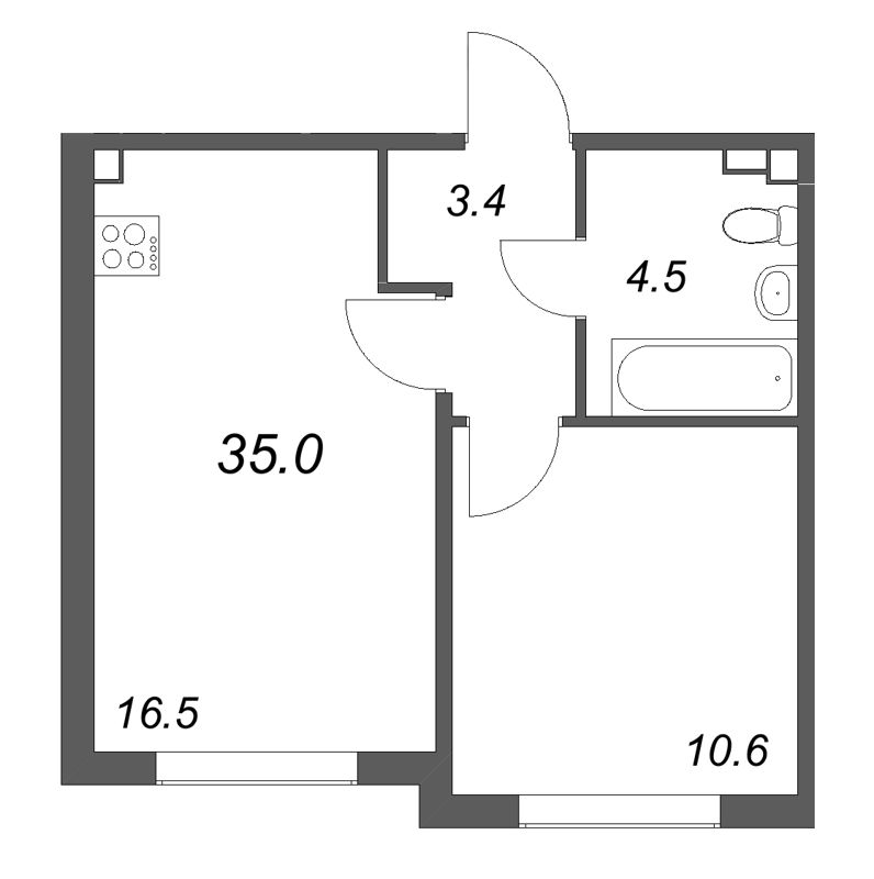 2-комнатная (Евро) квартира, 35 м² в ЖК "Пулково Lake" - планировка, фото №1