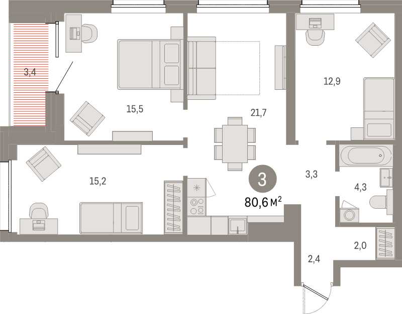 4-комнатная (Евро) квартира, 80.6 м² в ЖК "Северный ветер" - планировка, фото №1