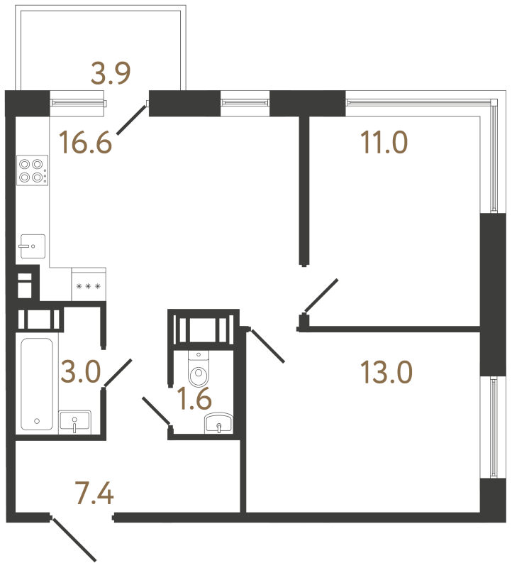 3-комнатная (Евро) квартира, 52.6 м² в ЖК "Передвижники 2" - планировка, фото №1