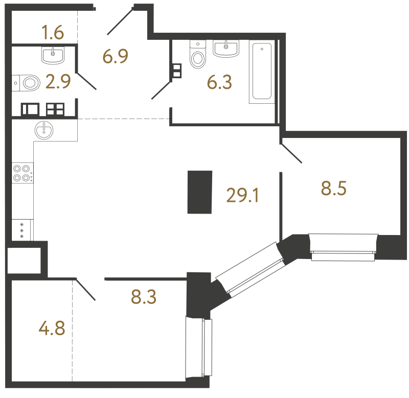 3-комнатная (Евро) квартира, 68.4 м² в ЖК "Светоч" - планировка, фото №1