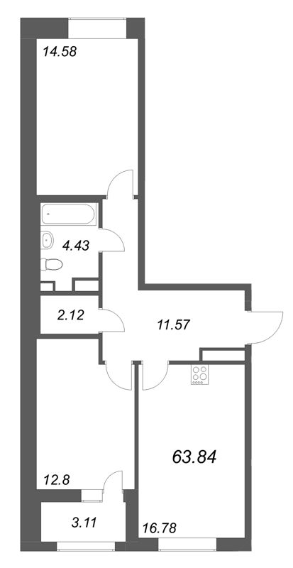 3-комнатная (Евро) квартира, 63.84 м² в ЖК "Аквилон Солар" - планировка, фото №1