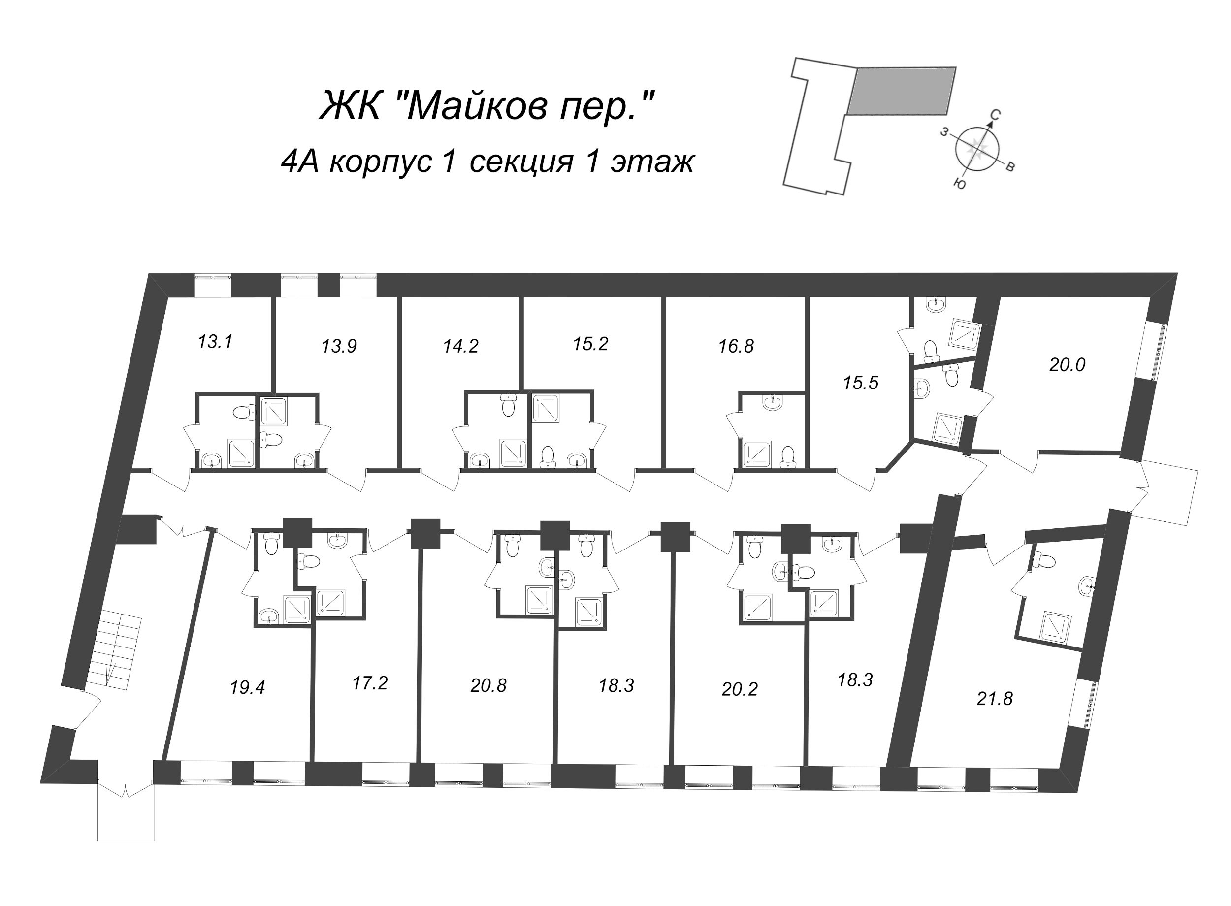 Квартира-студия, 18.3 м² в ЖК "Майков пер., 4А" - планировка этажа