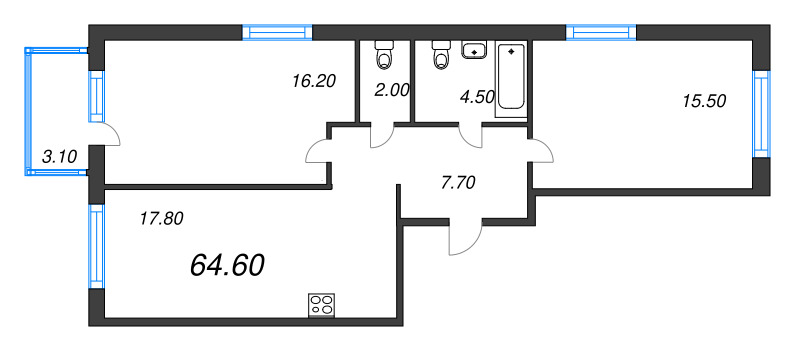 3-комнатная (Евро) квартира, 64.6 м² в ЖК "Ягодное Река Парк" - планировка, фото №1