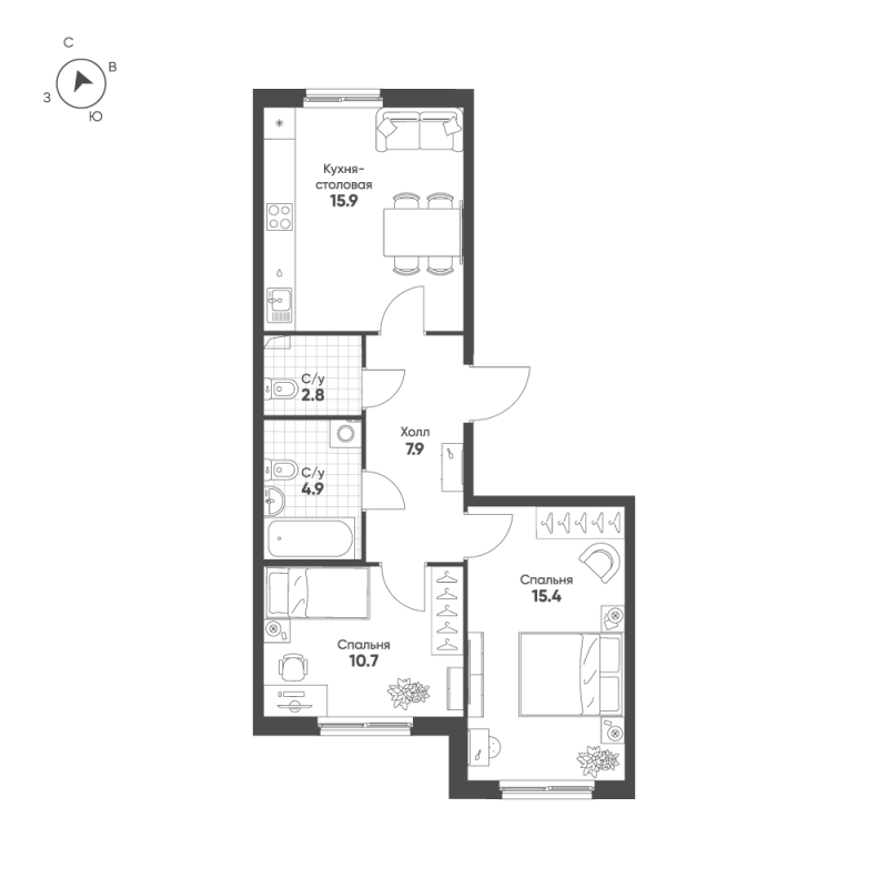 3-комнатная (Евро) квартира, 57.6 м² - планировка, фото №1
