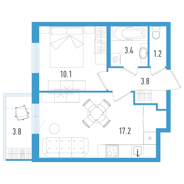 2-комнатная (Евро) квартира, 36.8 м² в ЖК "Аэросити" - планировка, фото №1