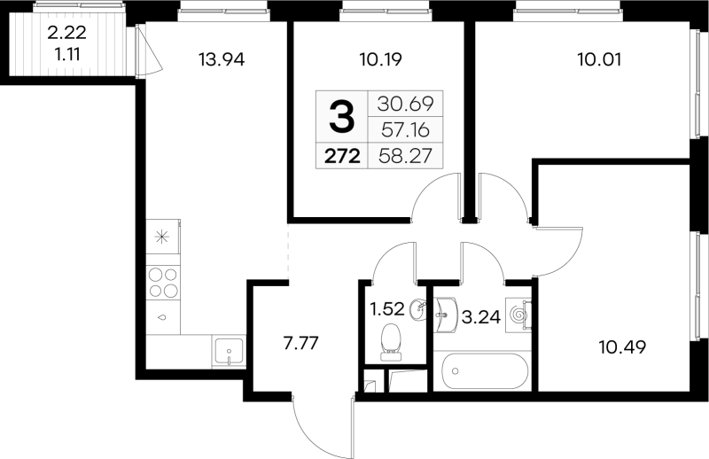 3-комнатная квартира, 58.27 м² - планировка, фото №1