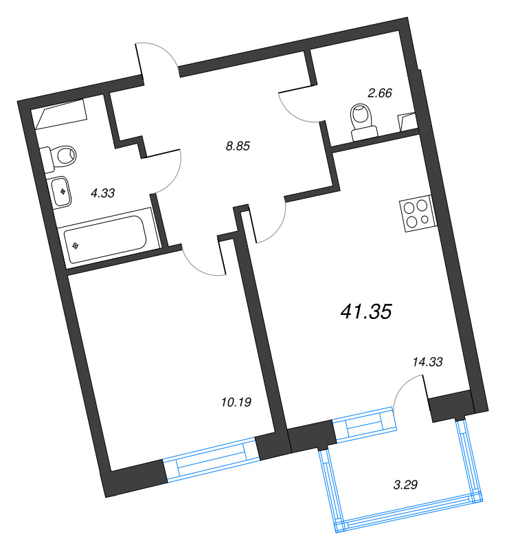 1-комнатная квартира, 41.35 м² в ЖК "Бульвар Грина" - планировка, фото №1