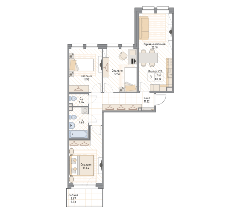 4-комнатная (Евро) квартира, 80.34 м² в ЖК "Квадрия" - планировка, фото №1