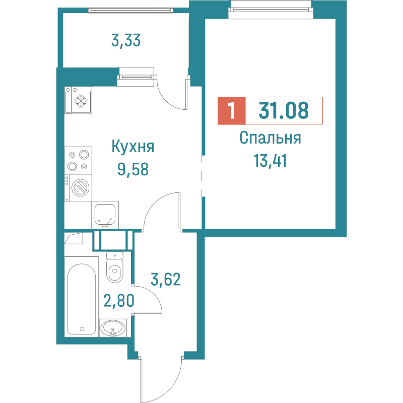 1-комнатная квартира, 31.08 м² в ЖК "Графика" - планировка, фото №1