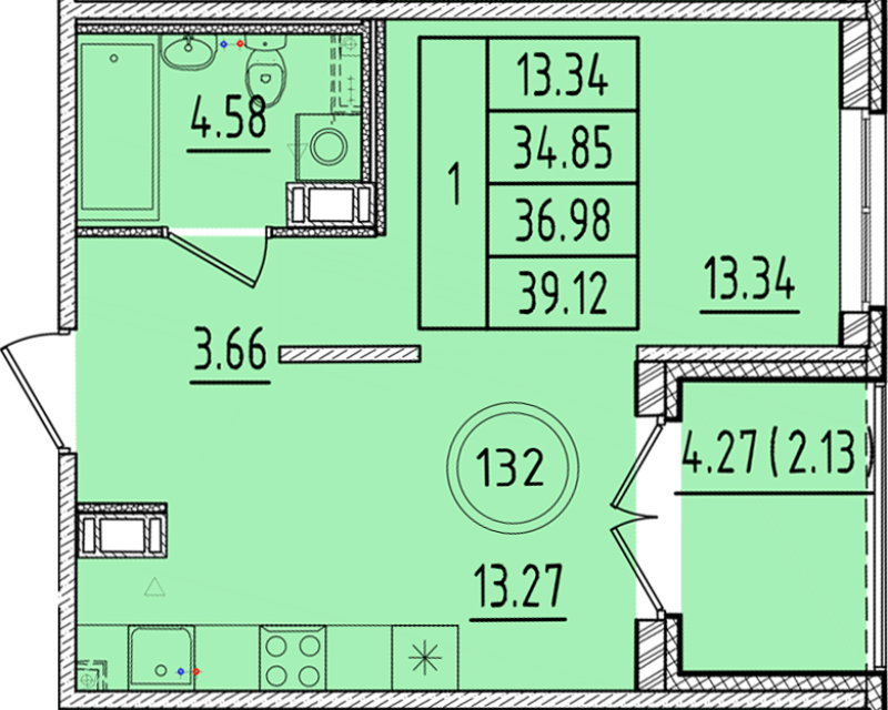 1-комнатная квартира, 34.85 м² в ЖК "Образцовый квартал 17" - планировка, фото №1