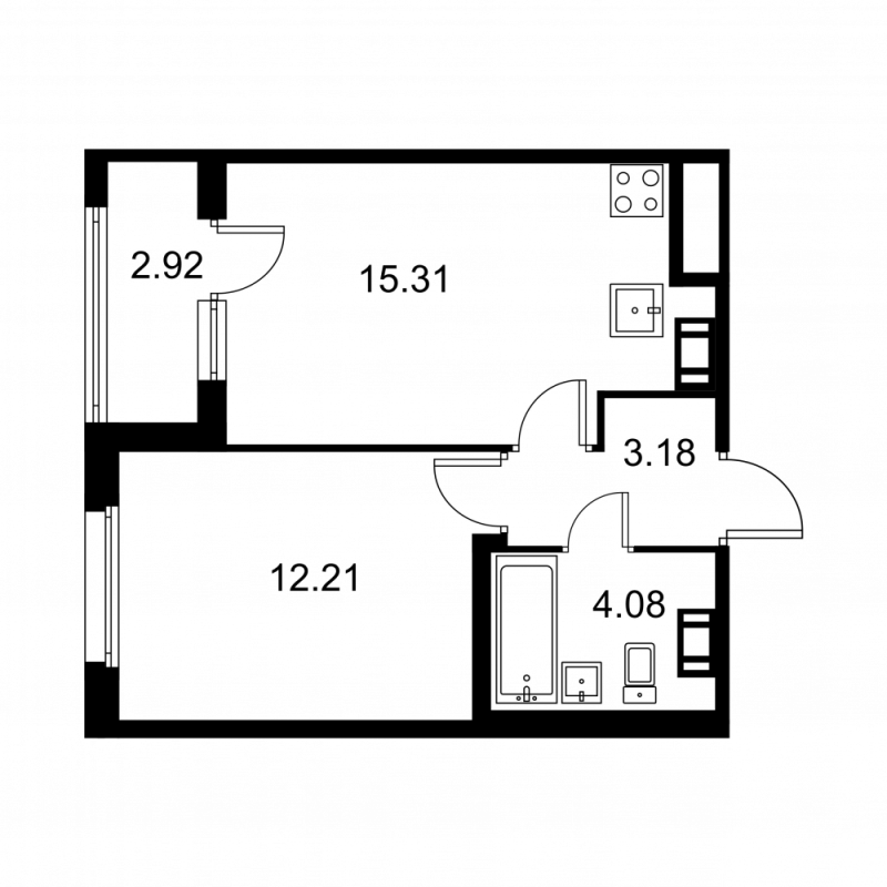 2-комнатная (Евро) квартира, 36.24 м² в ЖК "Квартал Заречье" - планировка, фото №1