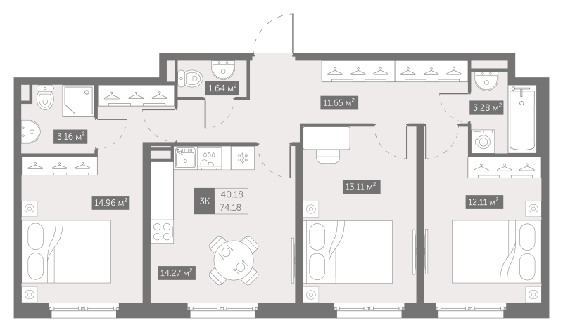 3-комнатная квартира, 74.6 м² в ЖК "Зум на Неве" - планировка, фото №1