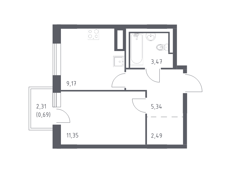 1-комнатная квартира, 32.51 м² в ЖК "Квартал Лаголово" - планировка, фото №1