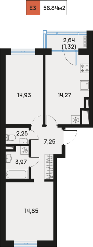 2-комнатная квартира, 58.78 м² - планировка, фото №1