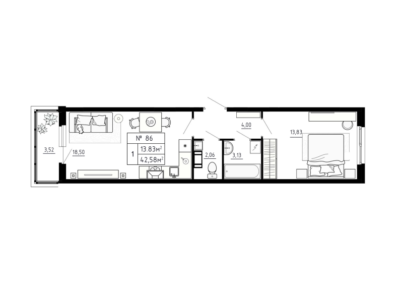 2-комнатная (Евро) квартира, 42.58 м² в ЖК "Аннино Сити" - планировка, фото №1