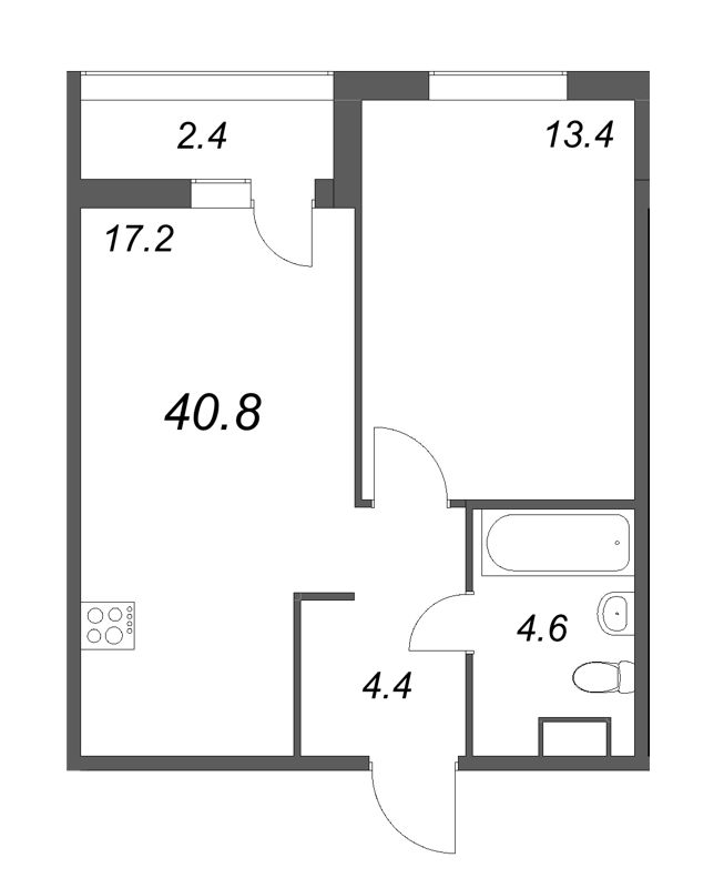 2-комнатная (Евро) квартира, 40.8 м² в ЖК "Дзета" - планировка, фото №1