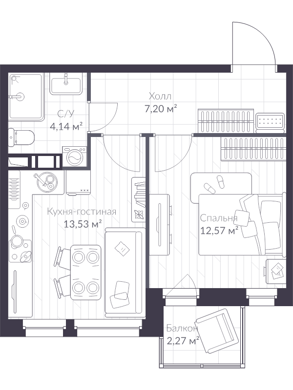 1-комнатная квартира, 38.1 м² в ЖК "VEREN NEXT шуваловский" - планировка, фото №1