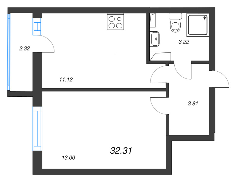 1-комнатная квартира, 32.31 м² - планировка, фото №1