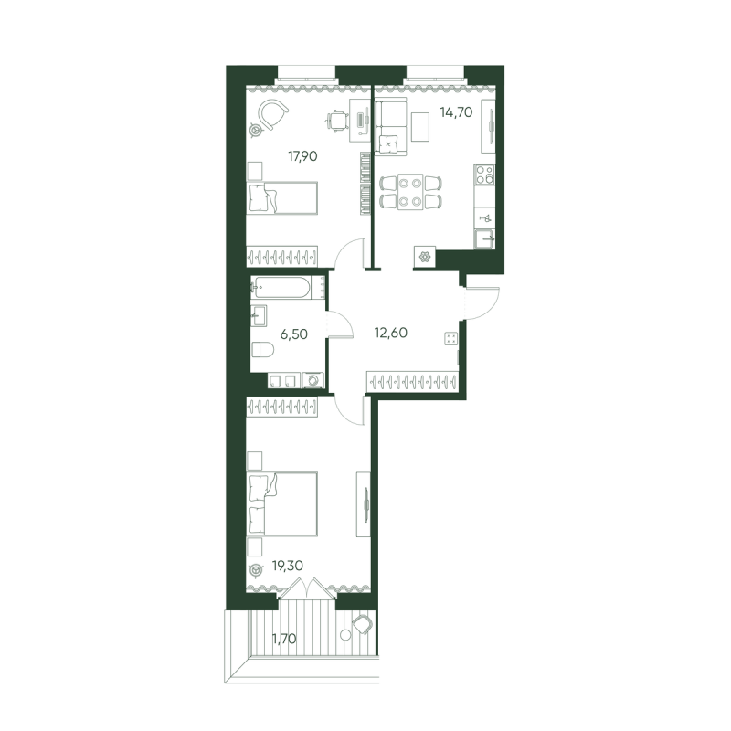 2-комнатная квартира, 72.7 м² в ЖК "Моисеенко 10" - планировка, фото №1