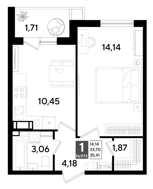 1-комнатная квартира, 35.45 м² в ЖК "Догма Юкки" - планировка, фото №1
