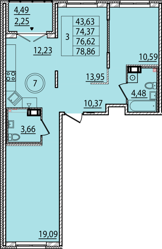 3-комнатная квартира, 74.37 м² в ЖК "Образцовый квартал 15" - планировка, фото №1