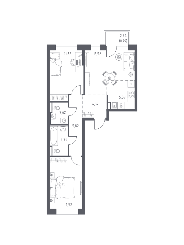 3-комнатная (Евро) квартира, 60.66 м² в ЖК "Живи! В Рыбацком" - планировка, фото №1