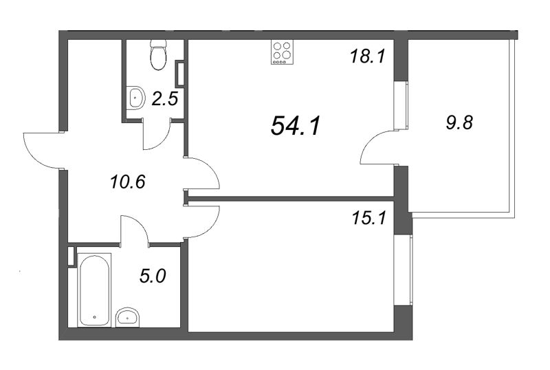 2-комнатная (Евро) квартира, 54.1 м² - планировка, фото №1