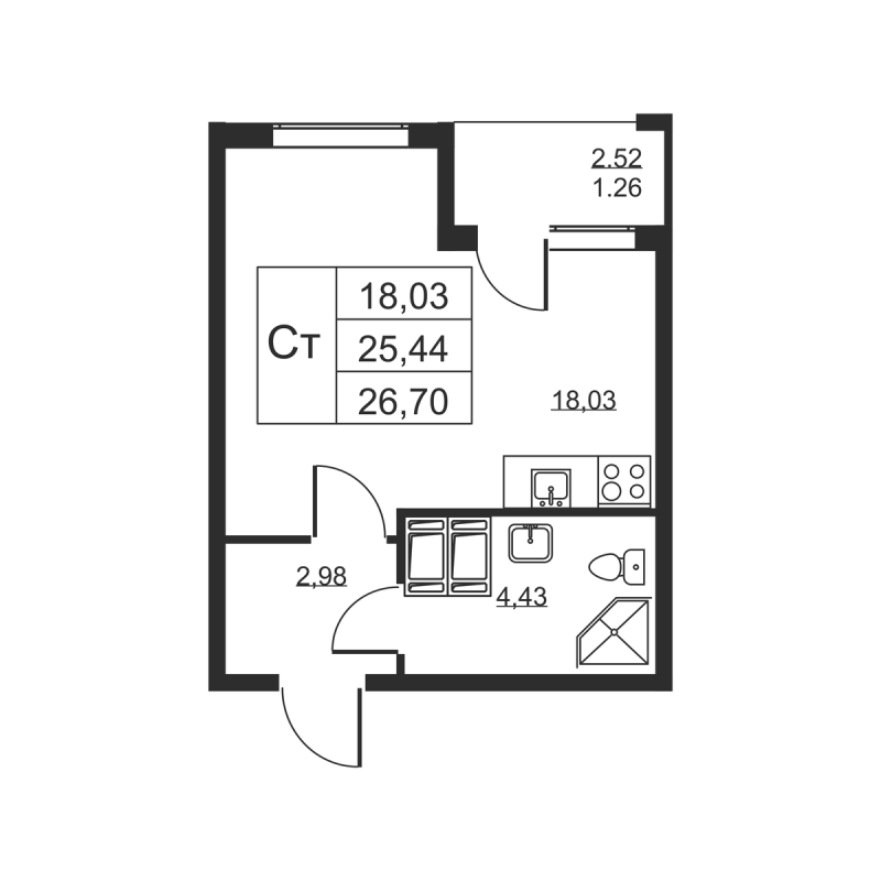 Квартира-студия, 26.7 м² - планировка, фото №1