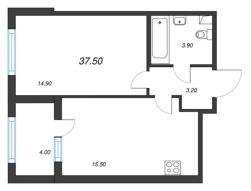 2-комнатная (Евро) квартира, 37.5 м² в ЖК "ЮгТаун" - планировка, фото №1