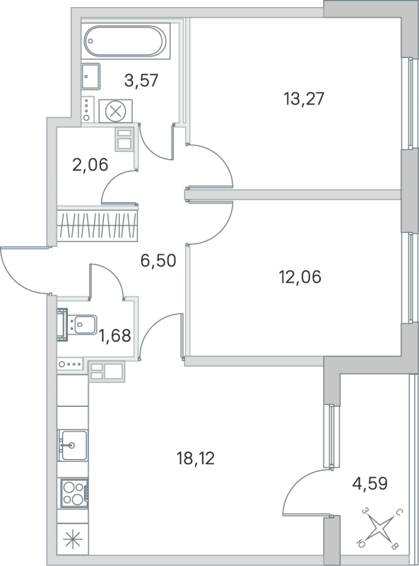 3-комнатная (Евро) квартира, 57.26 м² в ЖК "Любоград" - планировка, фото №1