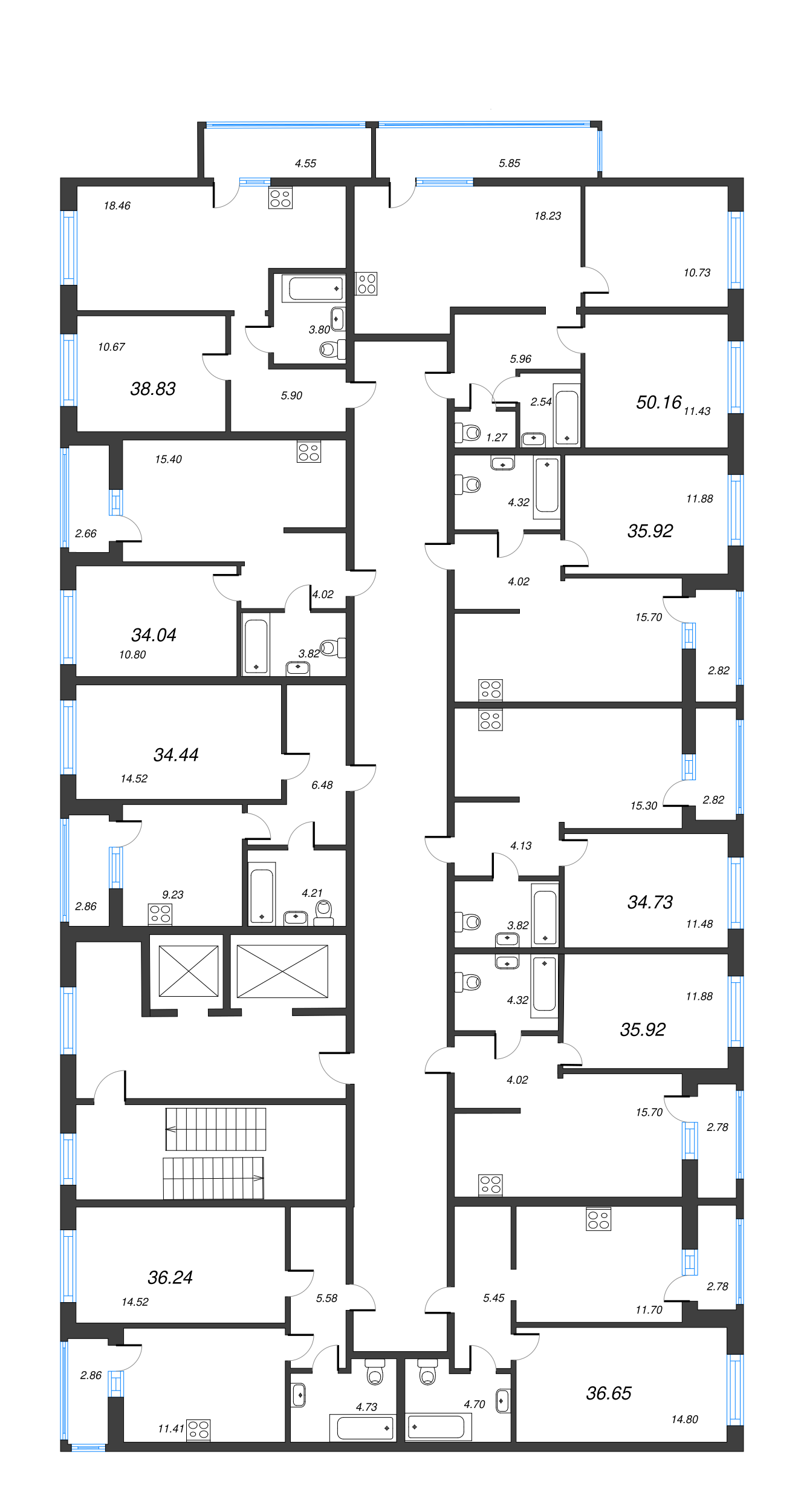 3-комнатная (Евро) квартира, 44.05 м² - планировка этажа