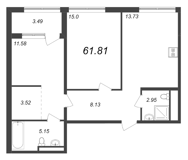 2-комнатная квартира, 61.81 м² - планировка, фото №1