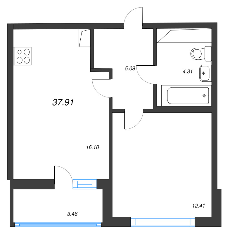 2-комнатная (Евро) квартира, 37.91 м² - планировка, фото №1