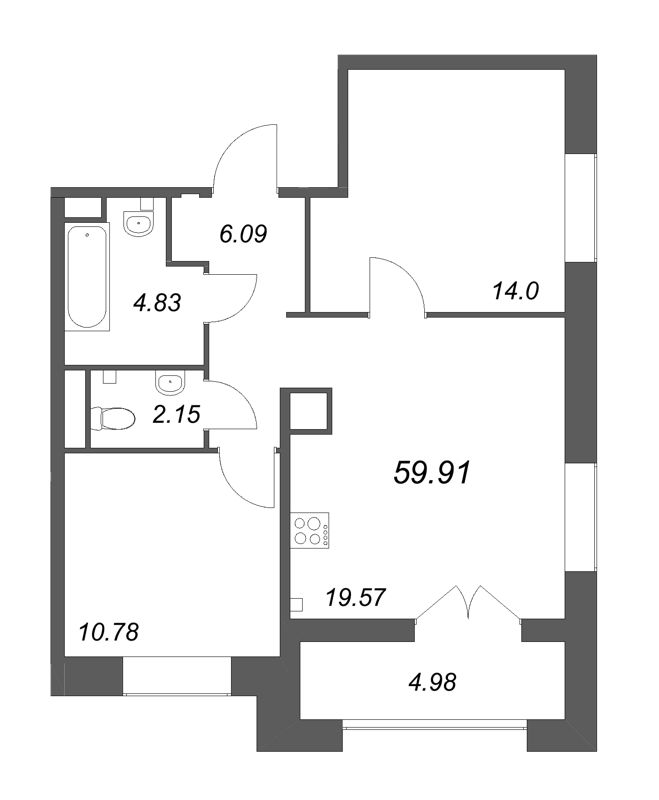 3-комнатная (Евро) квартира, 59.91 м² - планировка, фото №1