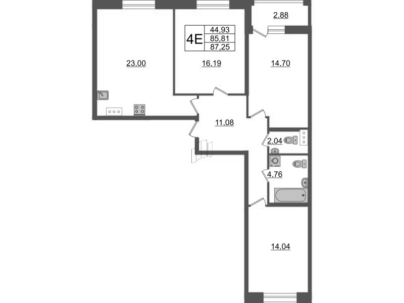 4-комнатная (Евро) квартира, 87.25 м² - планировка, фото №1
