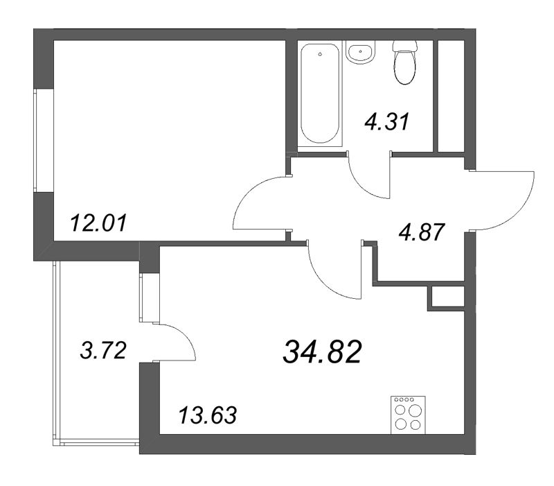 1-комнатная квартира, 34.82 м² в ЖК "Ясно.Янино" - планировка, фото №1