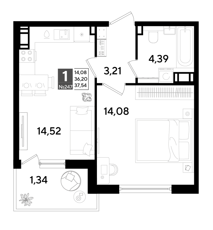 1-комнатная квартира, 36.77 м² в ЖК "Догма Юкки" - планировка, фото №1