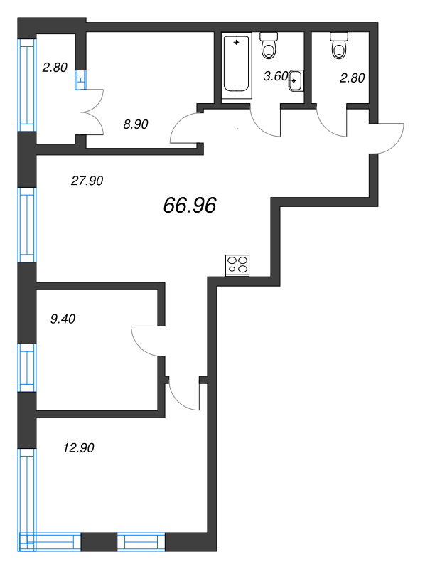 3-комнатная квартира, 66.96 м² - планировка, фото №1