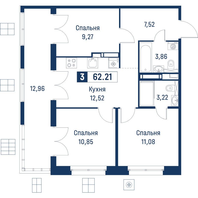 3-комнатная квартира, 62.21 м² в ЖК "Символист" - планировка, фото №1