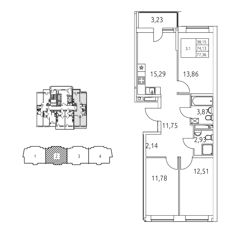 4-комнатная (Евро) квартира, 77.36 м² - планировка, фото №1