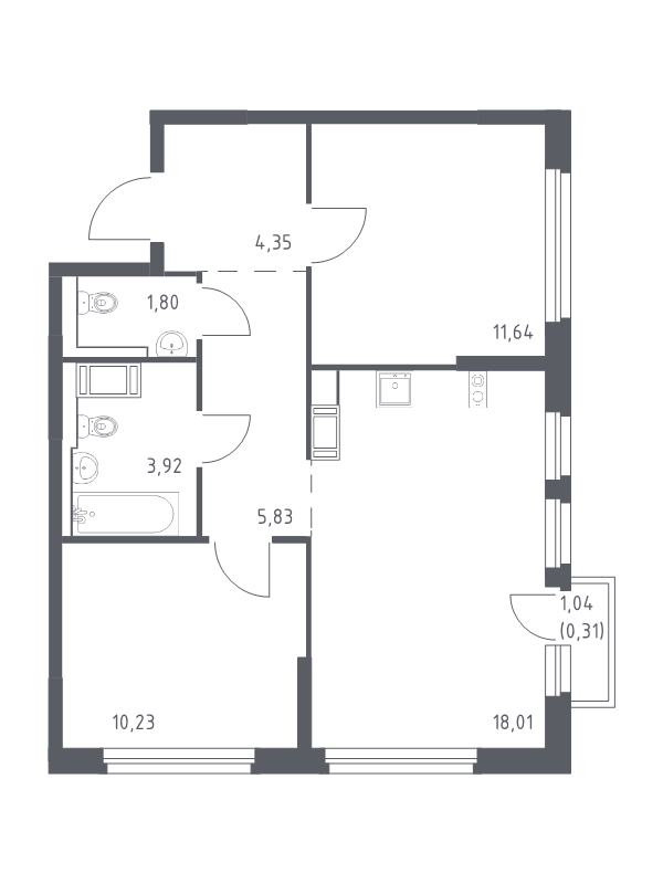 3-комнатная (Евро) квартира, 56.09 м² - планировка, фото №1