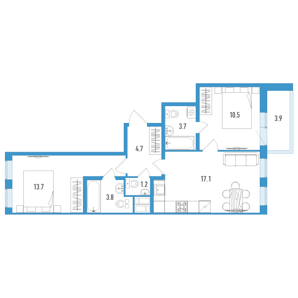 3-комнатная (Евро) квартира, 56.7 м² - планировка, фото №1