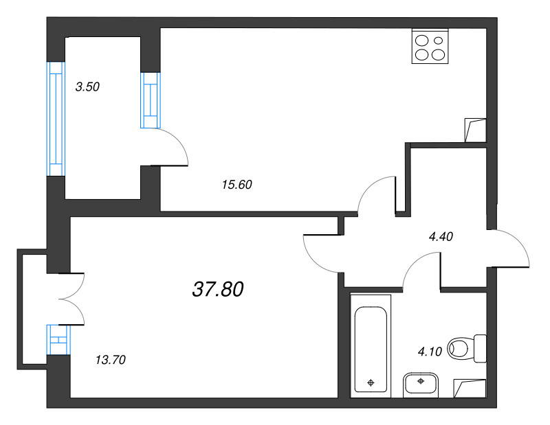 2-комнатная (Евро) квартира, 37.8 м² в ЖК "Дубровский" - планировка, фото №1